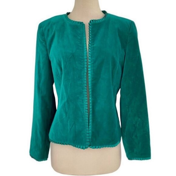 Vintage Velvet & Satin Green Holiday Glam Cardigan Blazer Ruffled Trim Large - Picture 1 of 8